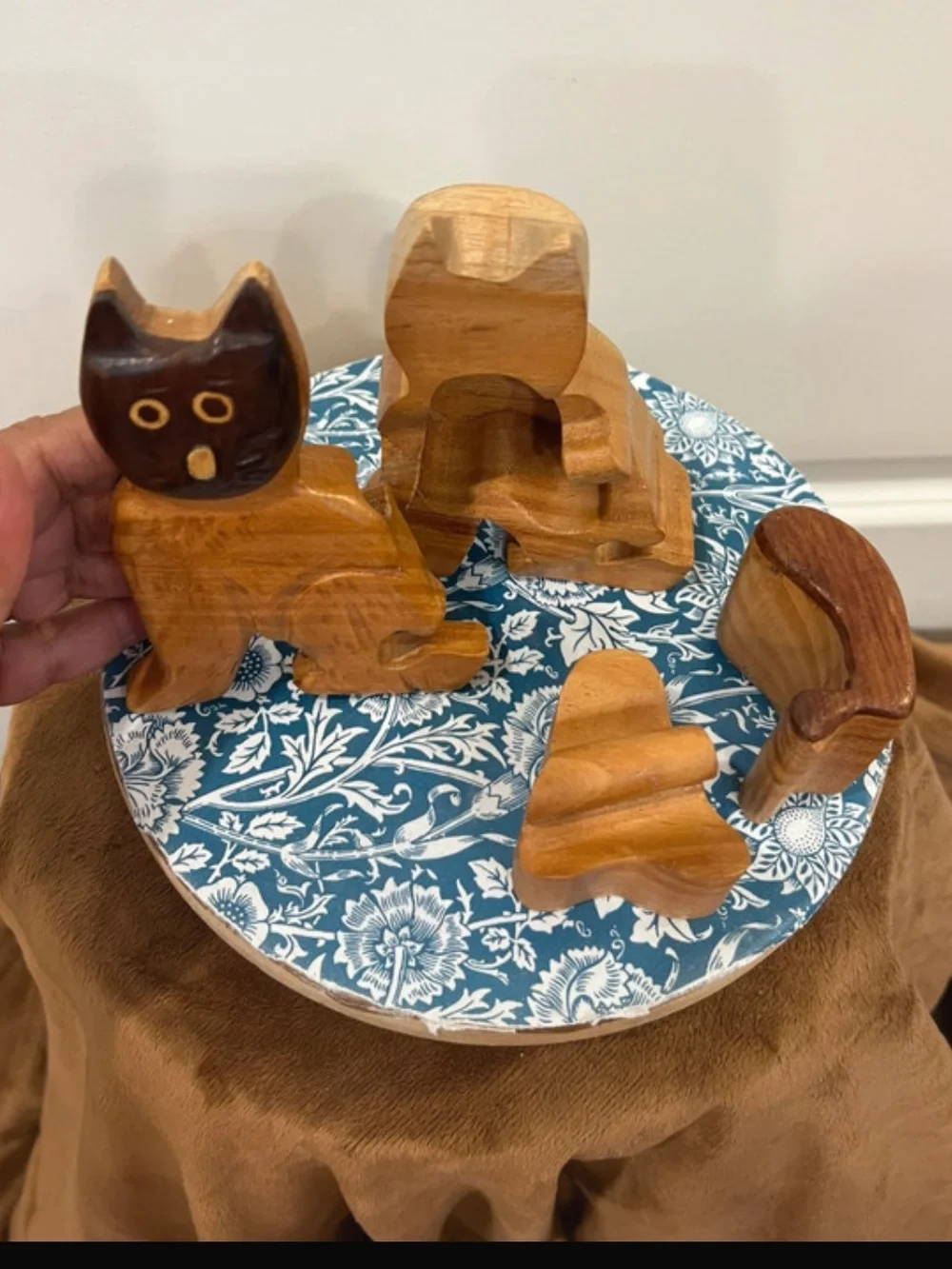 Handcrafted Two-Tone Wooden Cat Puzzle Box. 4 Pieces